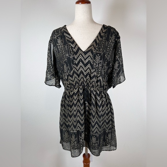 Free People Love My Chaos Tunic Dress Size Small Black Gold Geometric Drawstring - Picture 1 of 15
